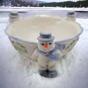 Snowman Candy Bowl Dish Porcelain WCL Mistletoe Christmas Holiday Seasonal